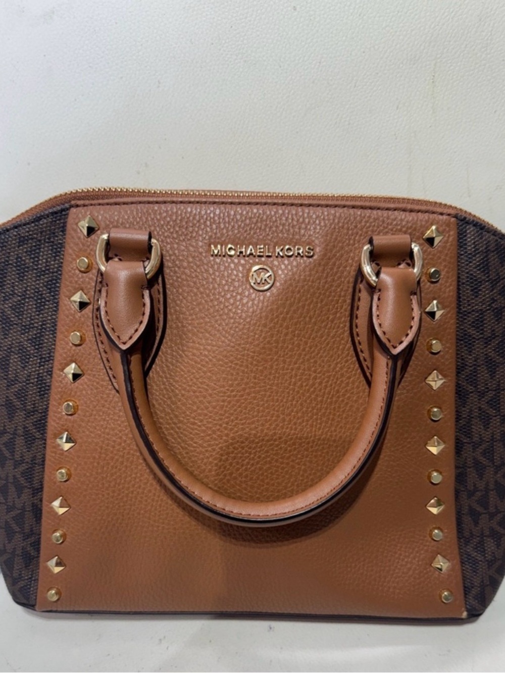 Michael Kors Tan Brown Pebbled Leather Stud Satchel